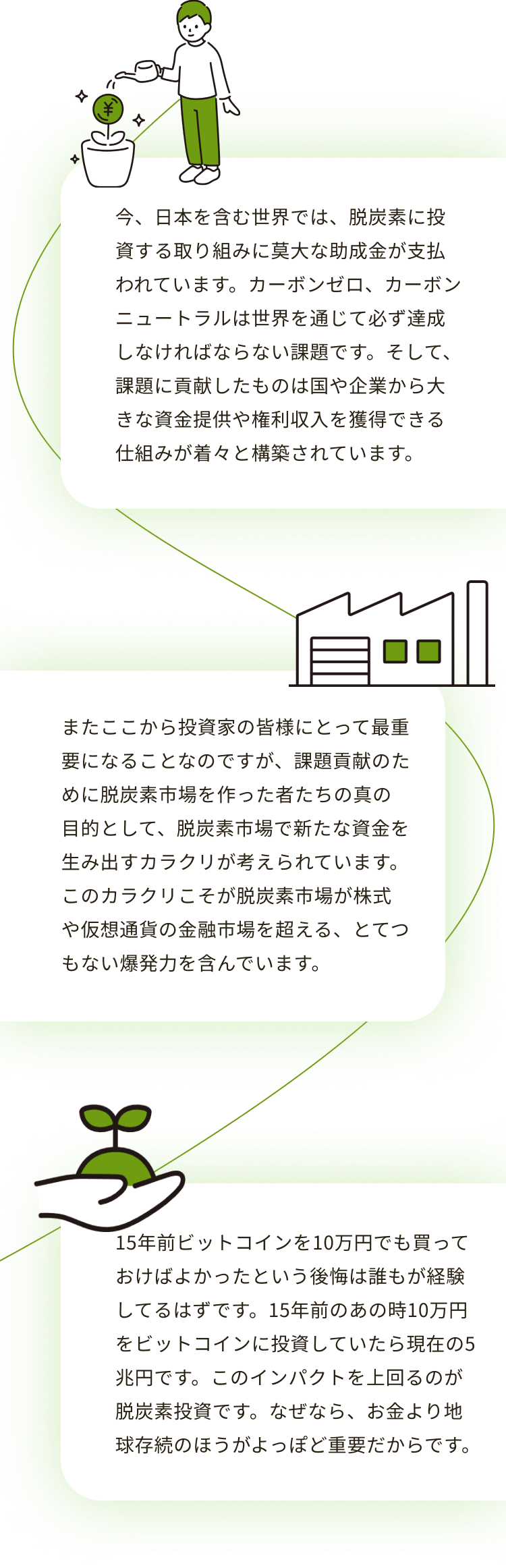 今、日本を含む世界では、脱炭素に投資する取り組みに莫大な助成金が支払われています。カーボンゼロ、カーボンニュートラルは世界を通じて必ず達成しなければならない課題です。そして、課題に貢献したものは国や企業から大きな資金提供や権利収入を獲得できる仕組みが着々と構築されています。またここから投資家の皆様にとって最重要になることなのですが、課題貢献のために脱炭素市場を作った者たちの真の目的として、脱炭素市場で新たな資金を生み出すカラクリが考えられています。このカラクリこそが脱炭素市場が株式や仮想通貨の金融市場を超える、とてつもない爆発力を含んでいます。15年前ビットコインを10万円でも買っておけばよかったという後悔は誰もが経験してるはずです。15年前のあの時10万円をビットコインに投資していたら現在の5兆円です。このインパクトを上回るのが脱炭素投資です。なぜなら、お金より地球存続のほうがよっぽど重要だからです。