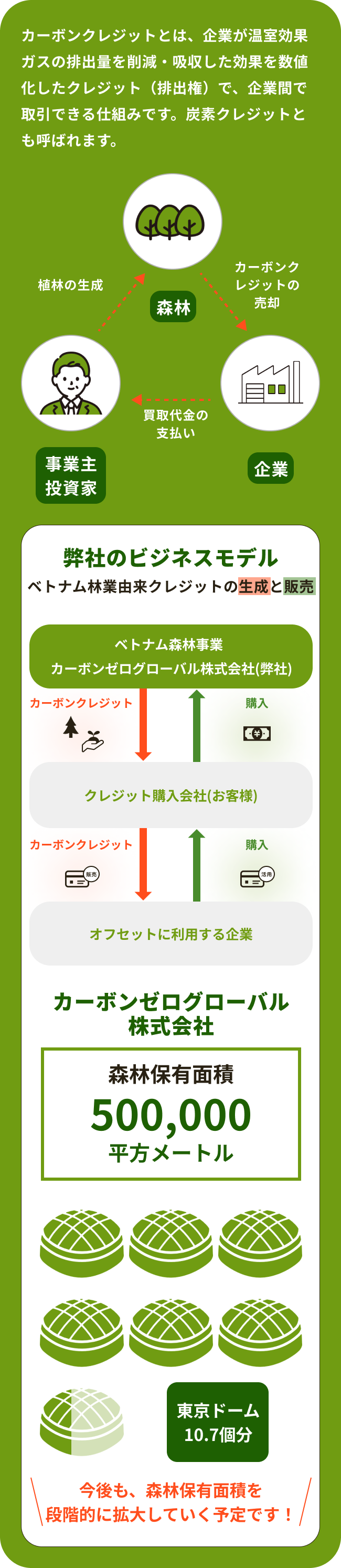 カーボンクレジットに関する説明図。企業が温室効果ガスの排出量削減や吸収効果を数値化し取引可能とする仕組みを解説。中心には森林の役割が描かれ、植林を進める事業主・投資家が森林を生産し、カーボンクレジットを企業へ販売する流れを示す。下部にはカーボンゼログローバル株式会社のビジネスモデルが説明され、ベトナム林業由来のカーボンクレジットの生成と販売に取り組むこと、森林保有面積が500,000平方メートル（東京ドーム約10.7個分）に達することが記載。将来の森林面積拡大予定も示されている。