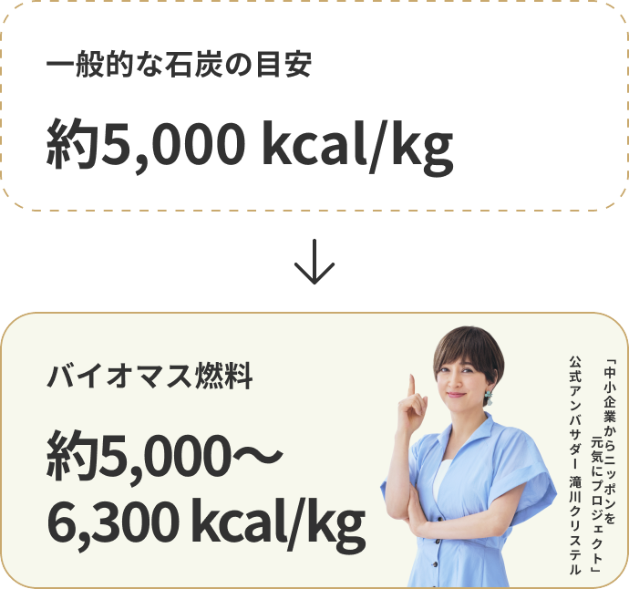 一般的な石炭の目安「約5,000 kcal/kg」→ バイオマス燃料「約5,000〜6,300 kcal/kg」