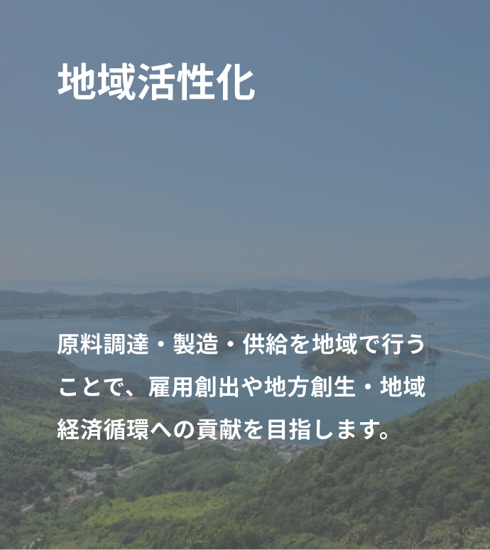 地域活性化「原料調達・製造・供給を地域で行うことで、雇用創出や地方創生・地域経済循環への貢献を目指します。」